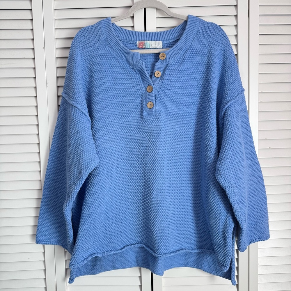 Free People Beach Hailee Waffle Knit Sweater Top Oversized Blue Slouchy Size XL - Picture 2 of 11